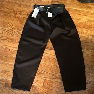 Zara Sleek Black Satin Barrel Leg Cropped Pants with Belt
